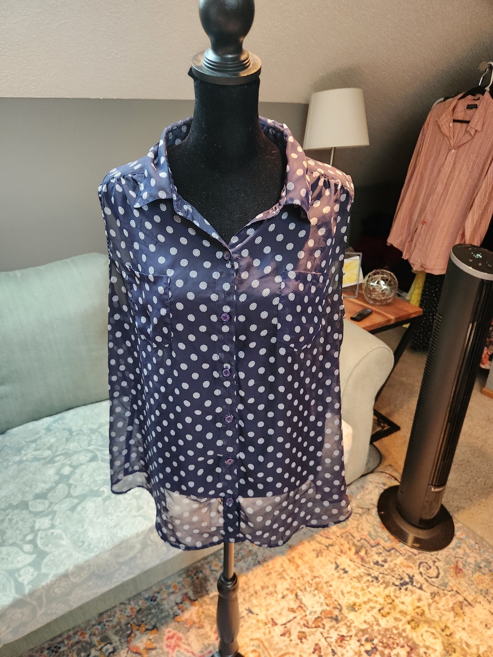AB Studio Navy Sheer Polka Dot Button-Down Blouse XL Great Cond.